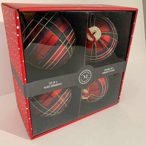 Martha Stewart Ornament Plaid Tartan Red Black Blue Glitter Glass Christmas - Picture 3 of 5